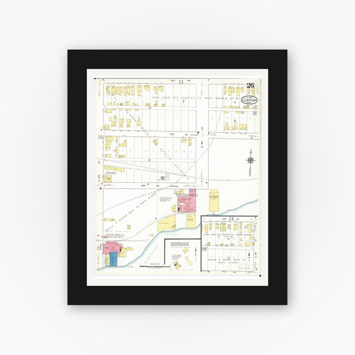 Old map wall art mockup — black gallery frame with white mat — Sanborn Fire Insurance Map from Clinton, Clinton County, Iowa (1917), Sheet #0026