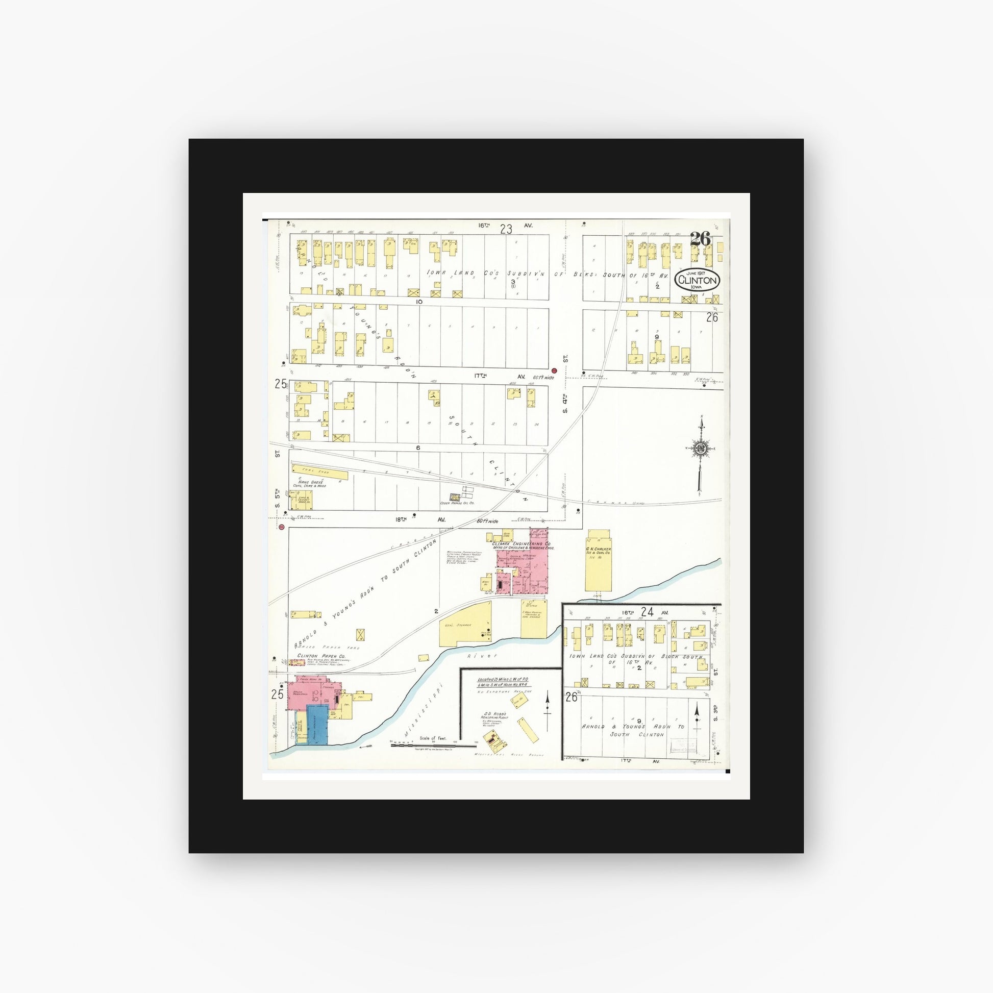 Old map wall art mockup — black gallery frame with white mat — Sanborn Fire Insurance Map from Clinton, Clinton County, Iowa (1917), Sheet #0026