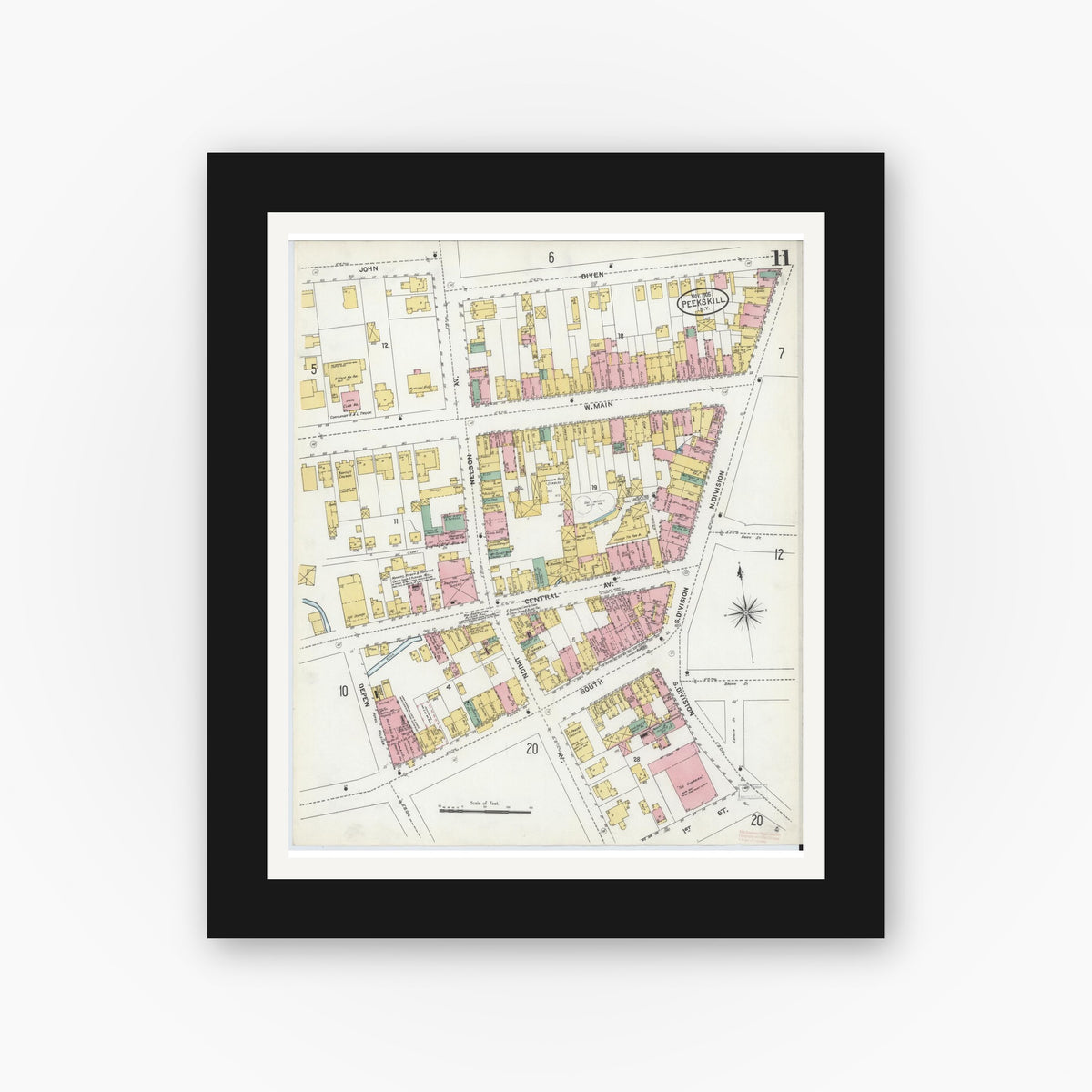 Old map wall art mockup — black gallery frame with white mat — Sanborn Fire Insurance Map from Peekskill, Westchester County, New York (1905), Sheet #0011
