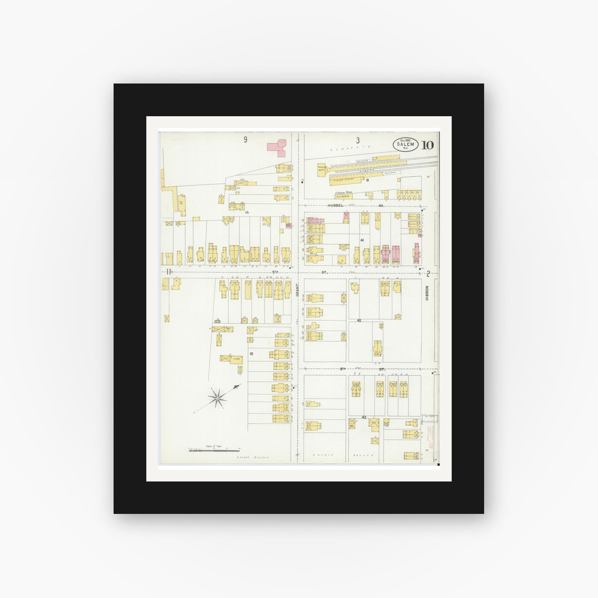 Old map wall art mockup — black gallery frame with white mat — Sanborn Fire Insurance Map from Salem, Salem County, New Jersey (1902), Sheet #0010