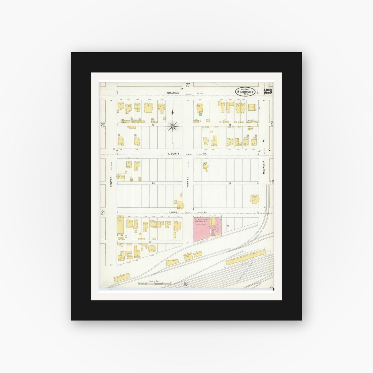 Old map wall art mockup — black gallery frame with white mat — Sanborn Fire Insurance Map from Beaumont, Jefferson County, Texas (1904), Sheet #0023