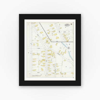Old map wall art mockup — black gallery frame with white mat — Sanborn Fire Insurance Map from Greenport, Suffolk County, New York (1902), Sheet #0009