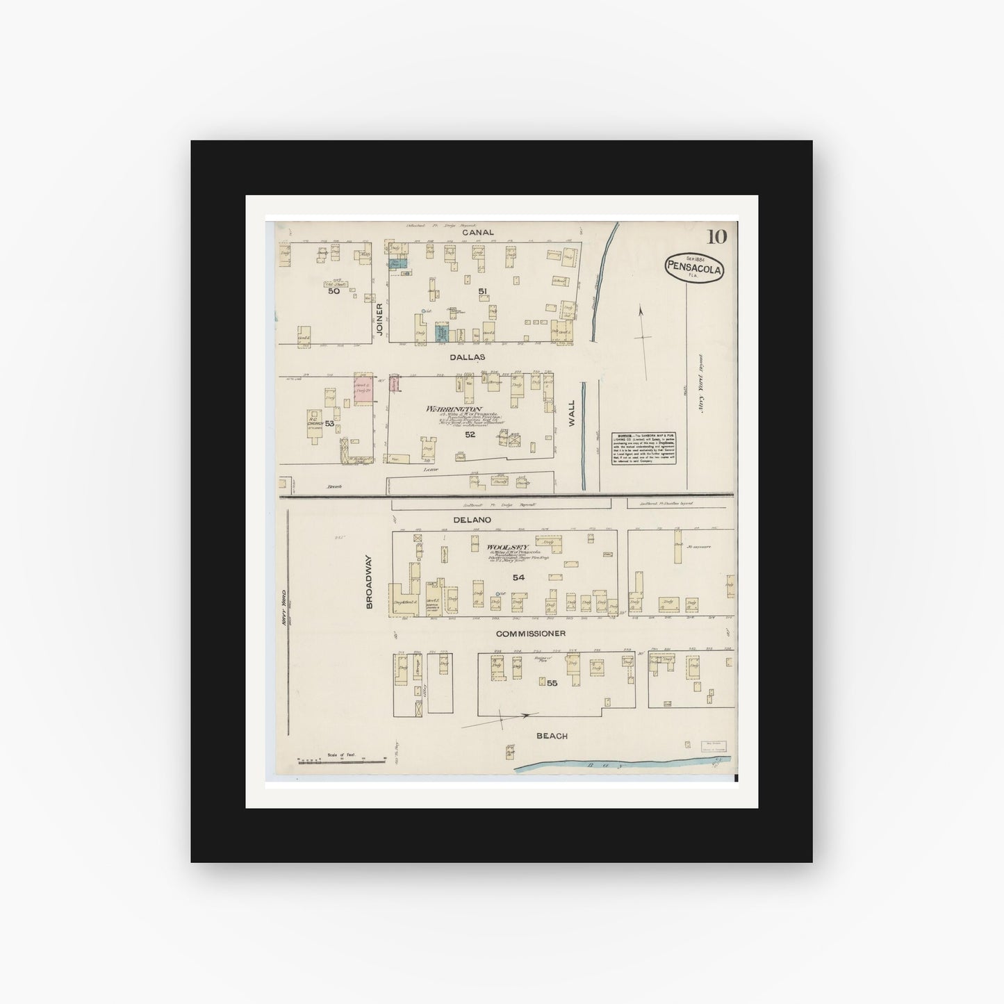 Old map wall art mockup — black gallery frame with white mat — Sanborn Fire Insurance Map from Pensacola, Escambia County, Florida (1884), Sheet #0010