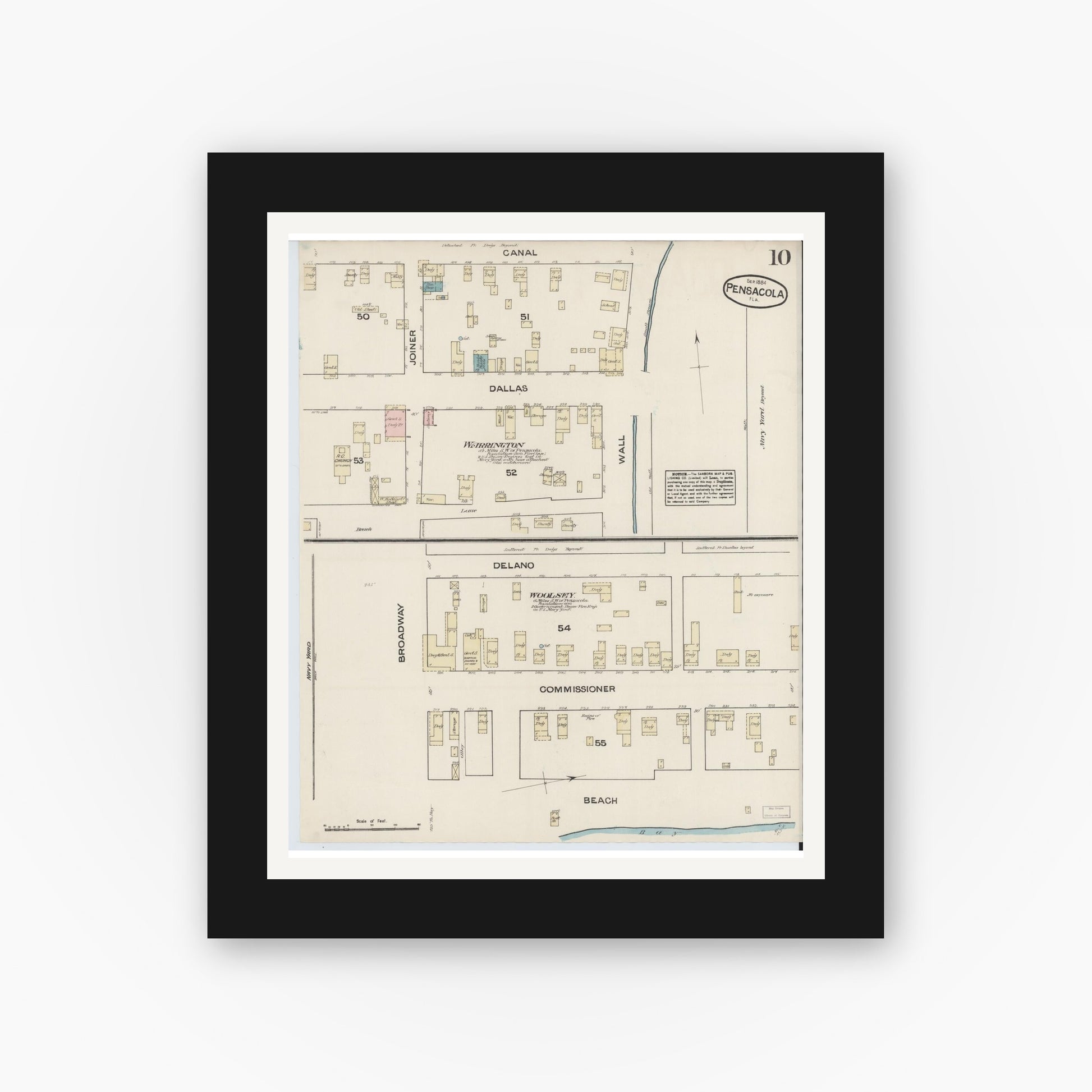 Old map wall art mockup — black gallery frame with white mat — Sanborn Fire Insurance Map from Pensacola, Escambia County, Florida (1884), Sheet #0010