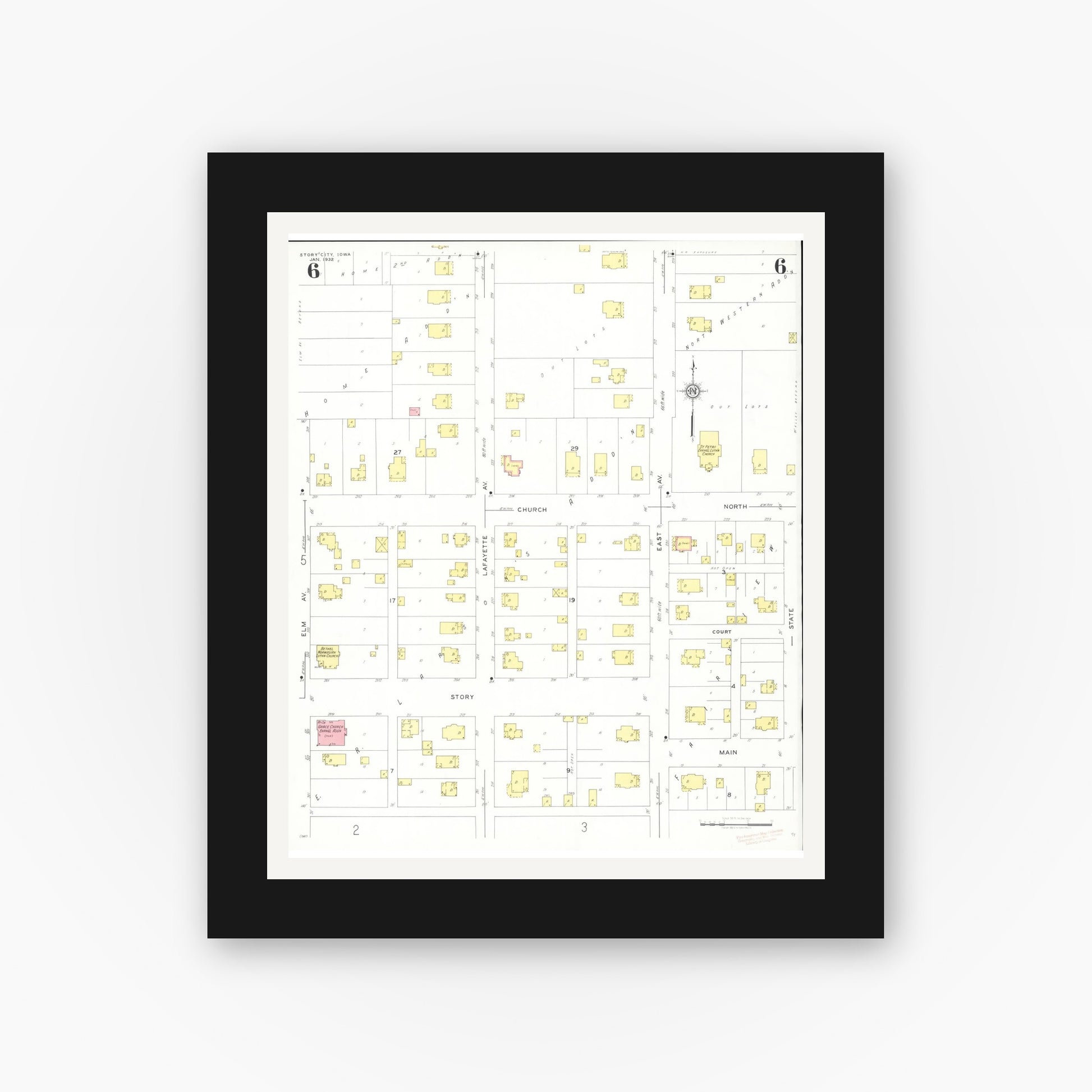 Old map wall art mockup — black gallery frame with white mat — Sanborn Fire Insurance Map from Story City, Story County, Iowa (1932), Sheet #0006