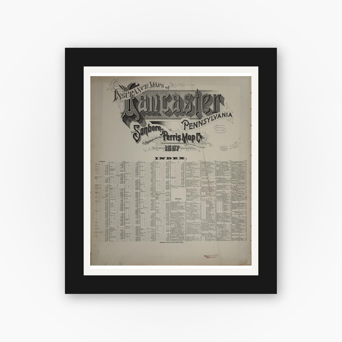 Old map wall art mockup — black gallery frame with white mat — Sanborn Fire Insurance Map from Lancaster, Lancaster County, Pennsylvania (1897), Sheet #0001