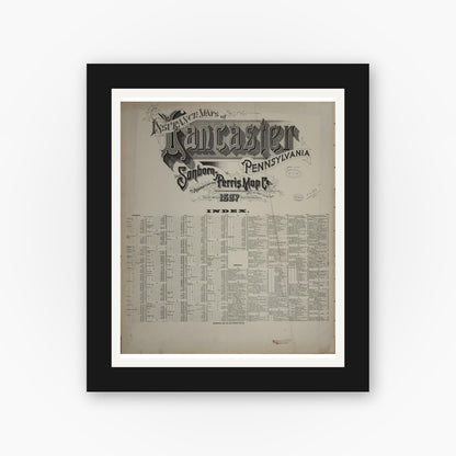 Old map wall art mockup — black gallery frame with white mat — Sanborn Fire Insurance Map from Lancaster, Lancaster County, Pennsylvania (1897), Sheet #0001