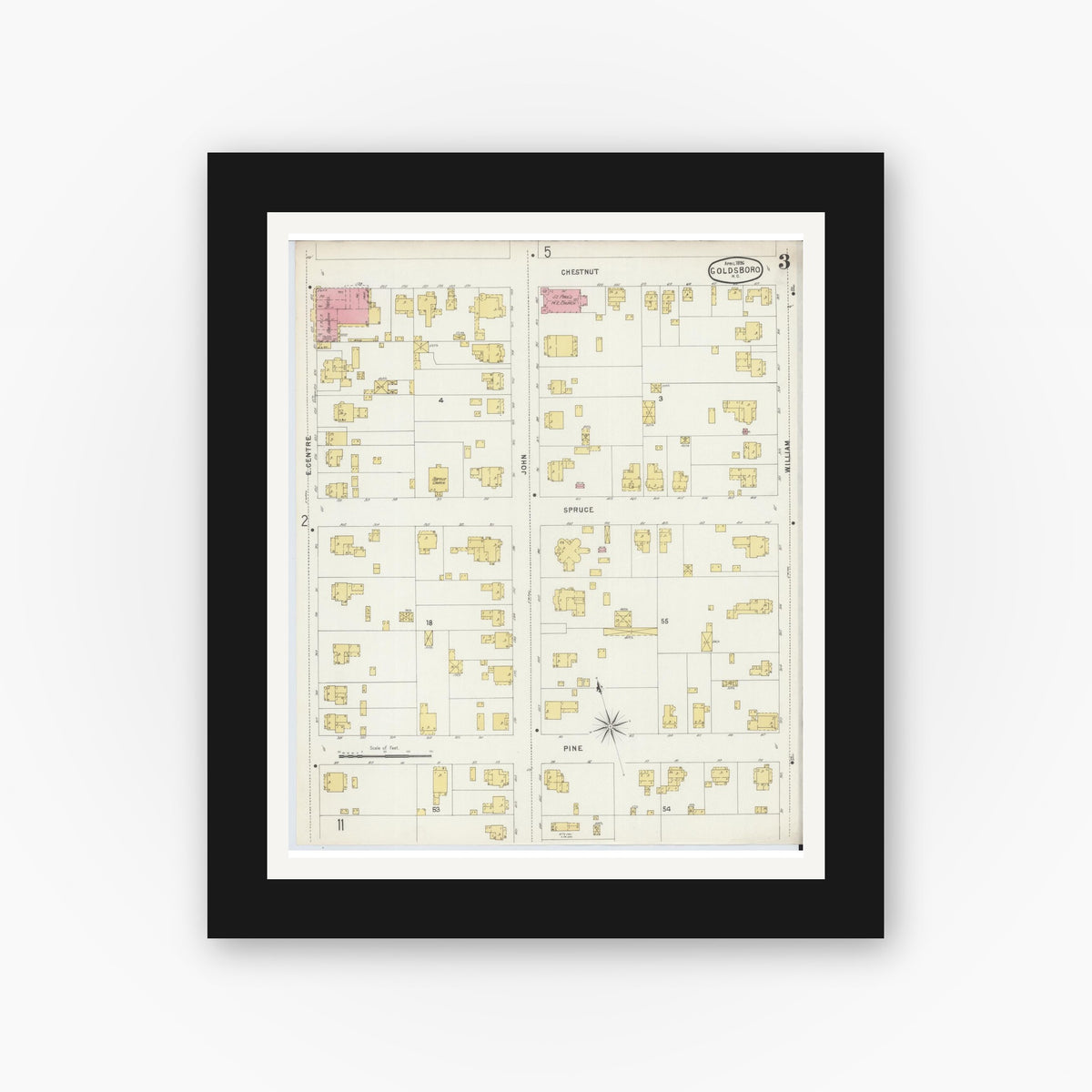 Old map wall art mockup — black gallery frame with white mat — Sanborn Fire Insurance Map from Goldsboro, Wayne County, North Carolina (1896), Sheet #0003