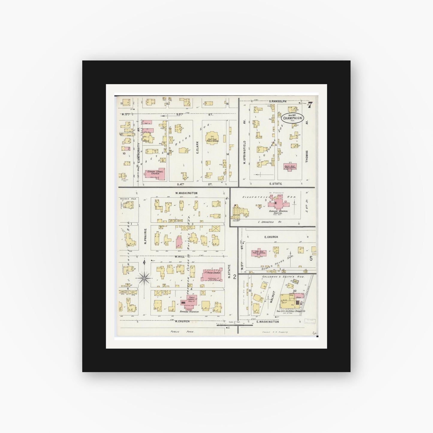 Old map wall art mockup — black gallery frame with white mat — Sanborn Fire Insurance Map from Champaign, Champaign County, Illinois (1897), Sheet #0007