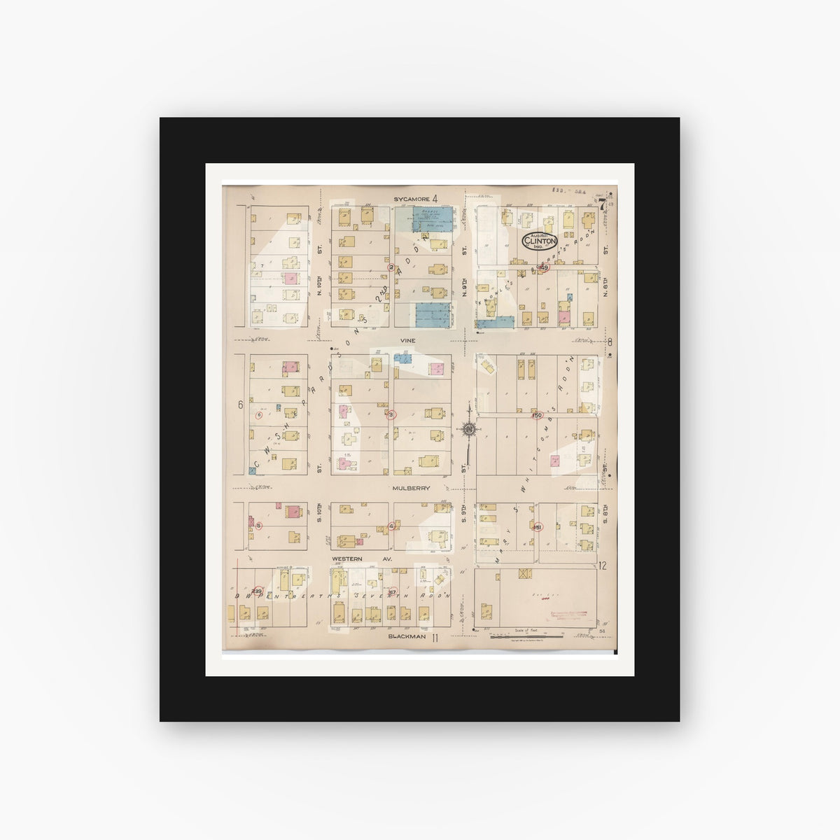 Old map wall art mockup — black gallery frame with white mat — Sanborn Fire Insurance Map from Clinton, Vermillion County, Indiana (1947), Sheet #0007