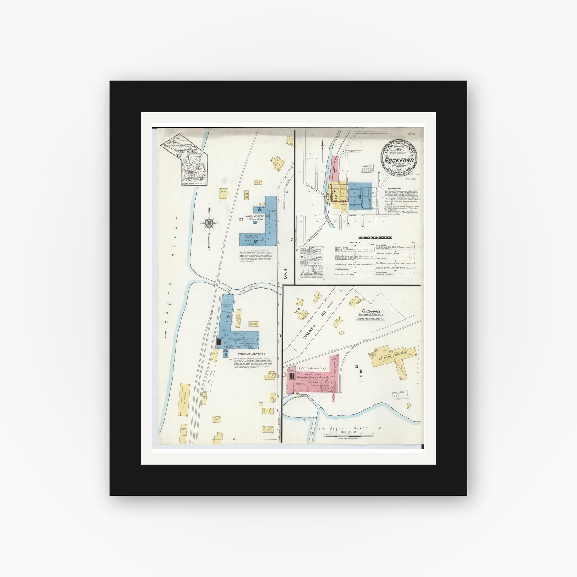 Old map wall art mockup — black gallery frame with white mat — Sanborn Fire Insurance Map from Rockford, Kent County, Michigan (1918) - Complete Map Set