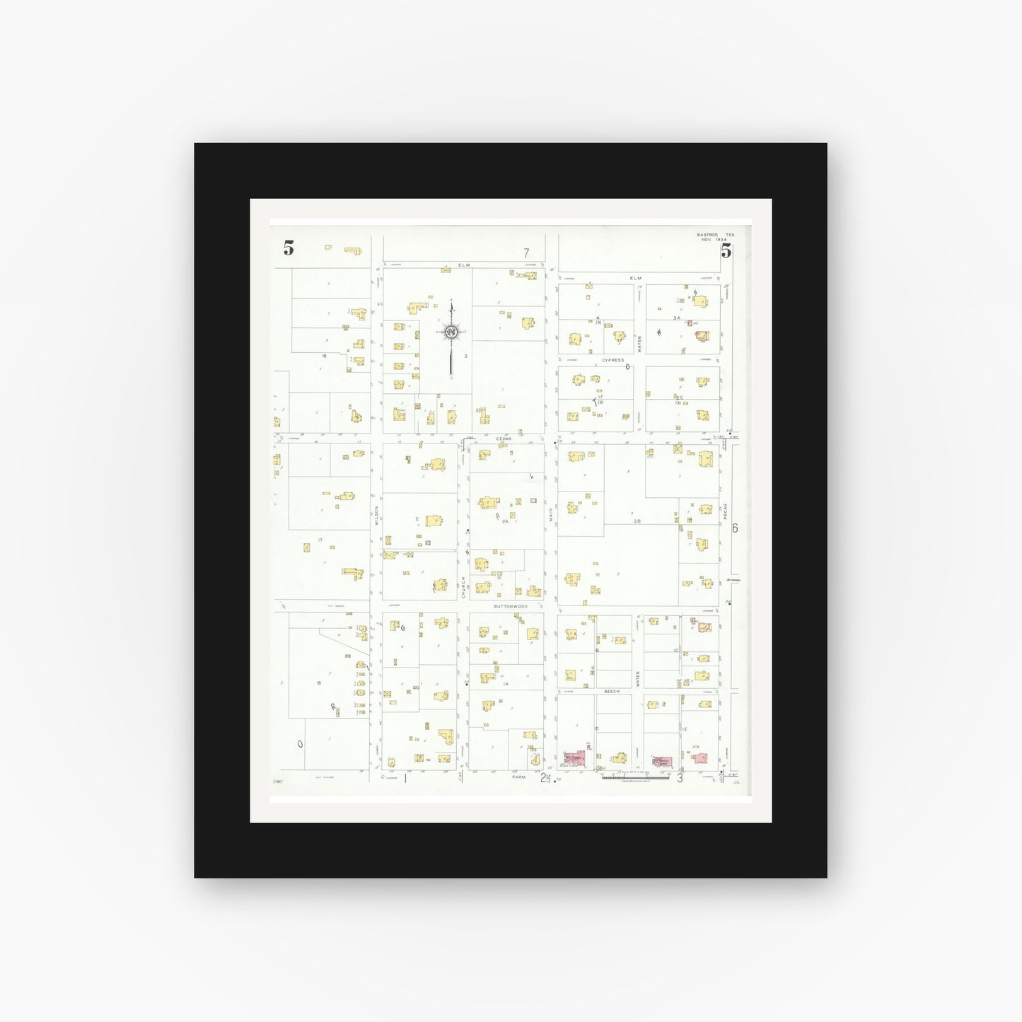 Old map wall art mockup — black gallery frame with white mat — Sanborn Fire Insurance Map from Bastrop, Bastrop County, Texas (1934), Sheet #0005