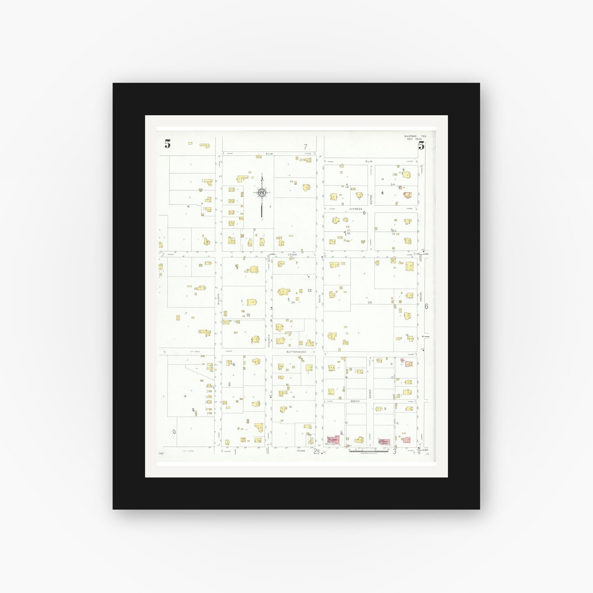Old map wall art mockup — black gallery frame with white mat — Sanborn Fire Insurance Map from Bastrop, Bastrop County, Texas (1934), Sheet #0005