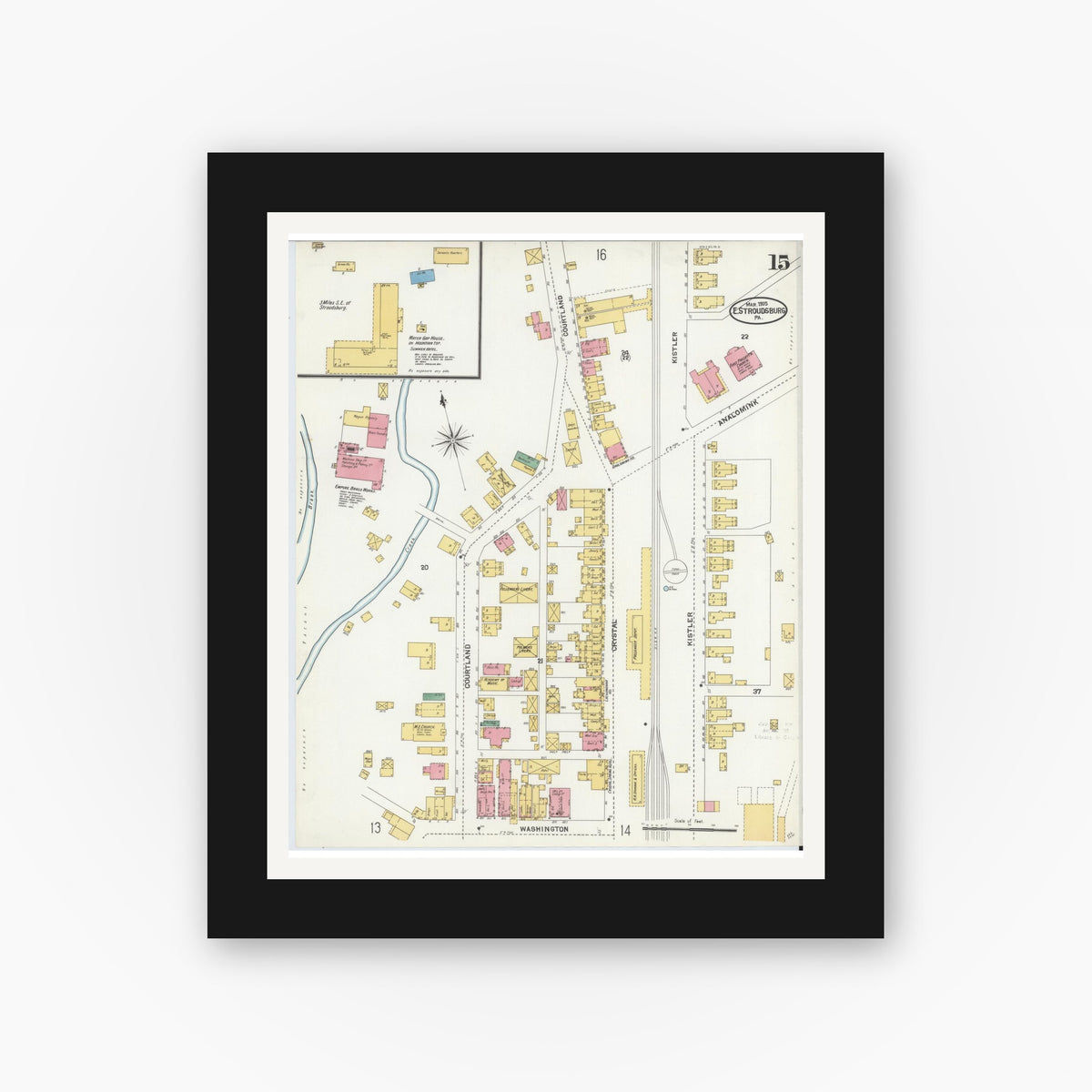 Old map wall art mockup — black gallery frame with white mat — Sanborn Fire Insurance Map from Stroudsburg, Monroe County, Pennsylvania (1905), Sheet #0015
