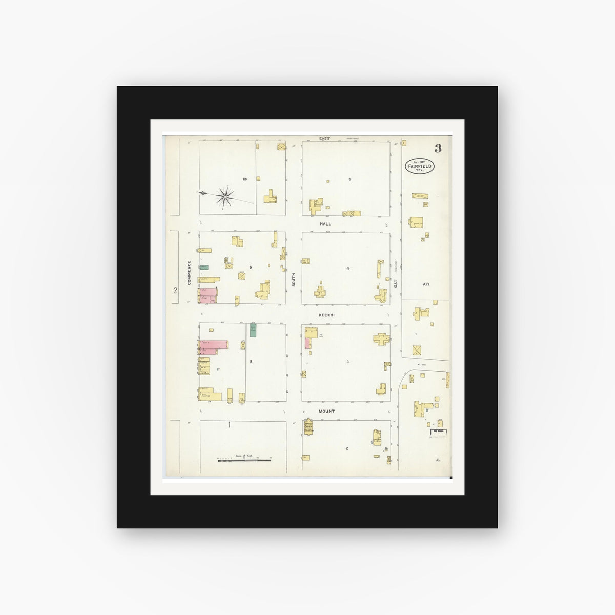 Old map wall art mockup — black gallery frame with white mat — Sanborn Fire Insurance Map from Fairfield, Freestone County, Texas (1907), Sheet #0003