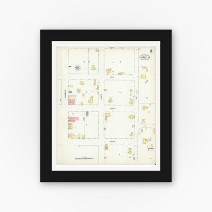 Old map wall art mockup — black gallery frame with white mat — Sanborn Fire Insurance Map from Fairfield, Freestone County, Texas (1907), Sheet #0003