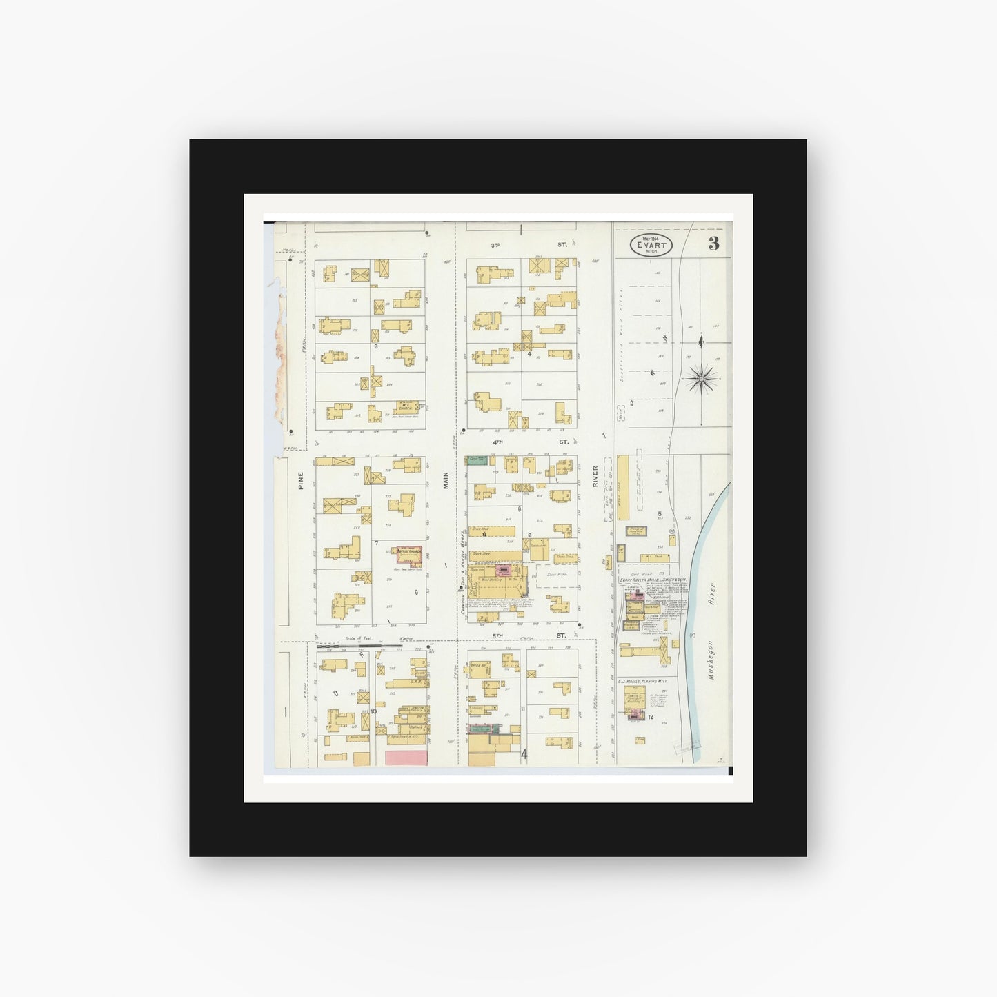 Old map wall art mockup — black gallery frame with white mat — Sanborn Fire Insurance Map from Evart, Osceola County, Michigan (1904), Sheet #0003