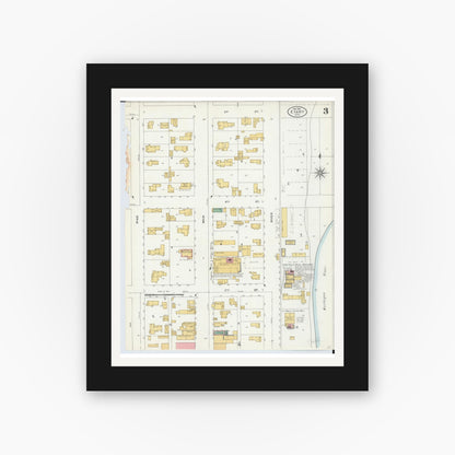 Old map wall art mockup — black gallery frame with white mat — Sanborn Fire Insurance Map from Evart, Osceola County, Michigan (1904), Sheet #0003