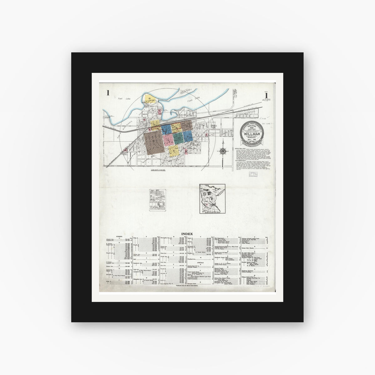 Old map wall art mockup — black gallery frame with white mat — Sanborn Fire Insurance Map from Willmar, Kandiyohi County, Minnesota (1925), Sheet #0001