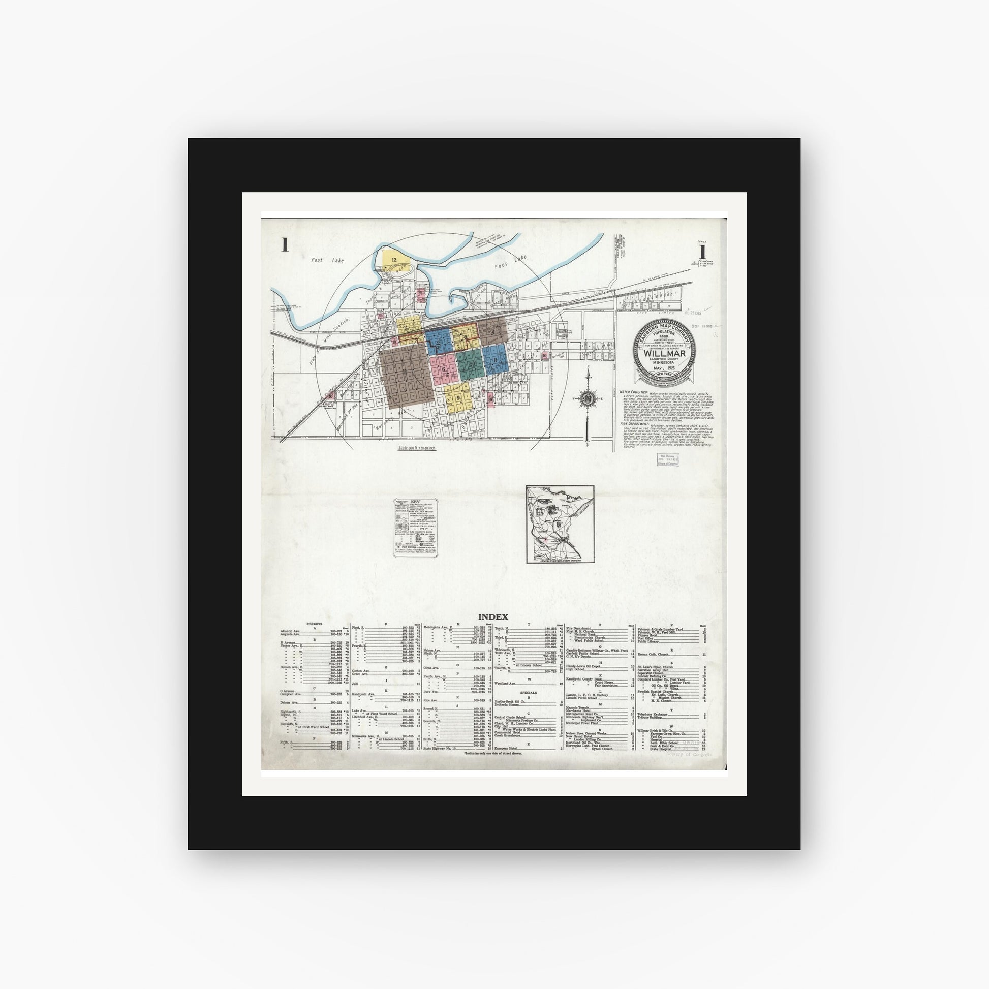 Old map wall art mockup — black gallery frame with white mat — Sanborn Fire Insurance Map from Willmar, Kandiyohi County, Minnesota (1925), Sheet #0001