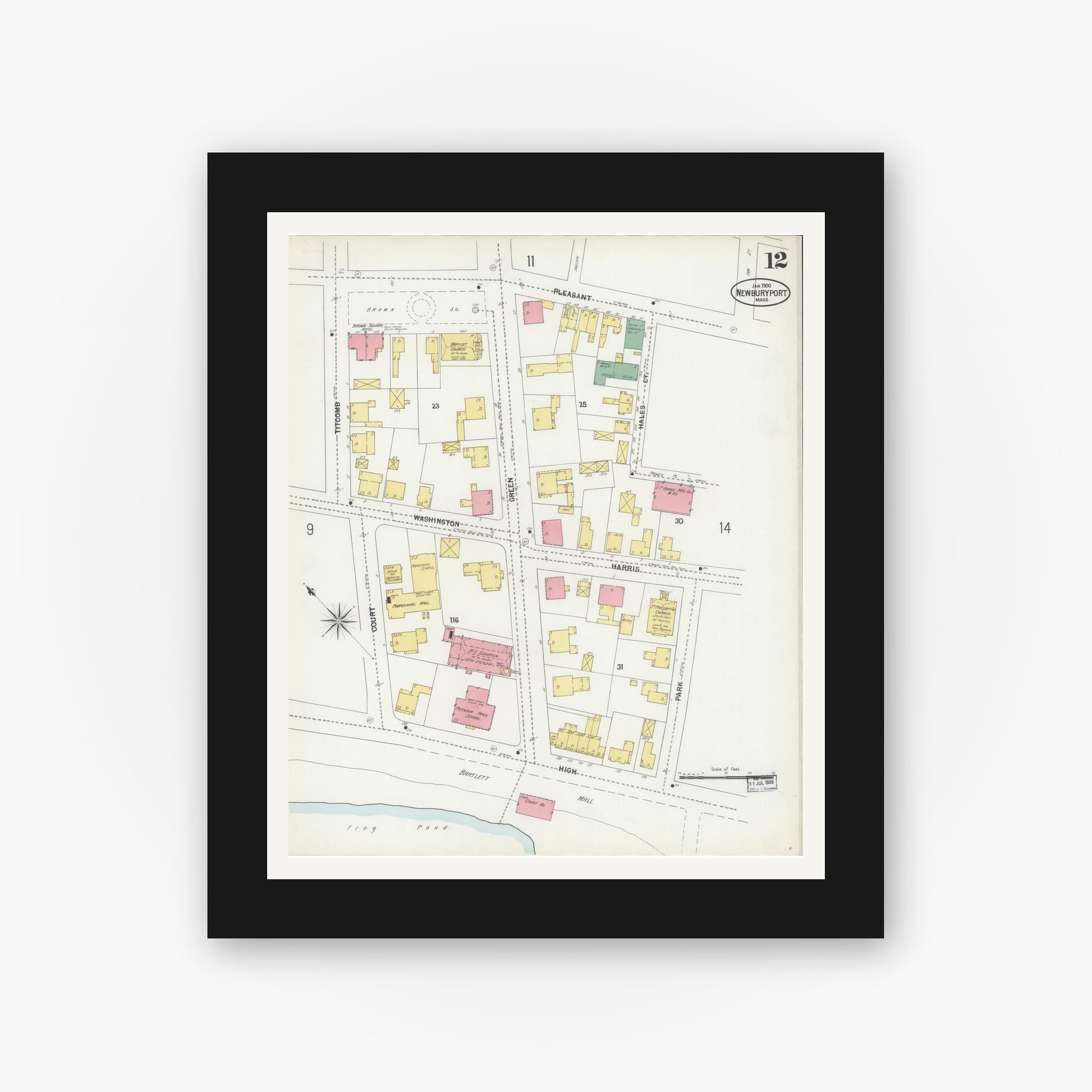 Old map wall art mockup — black gallery frame with white mat — Sanborn Fire Insurance Map from Newburyport, Essex County, Massachusetts (1900), Sheet #0012