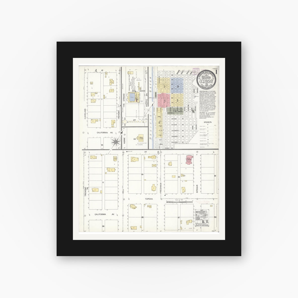 Old map wall art mockup — black gallery frame with white mat — Sanborn Fire Insurance Map from Oceanside, San Diego County, California (1907) - Complete Map Set