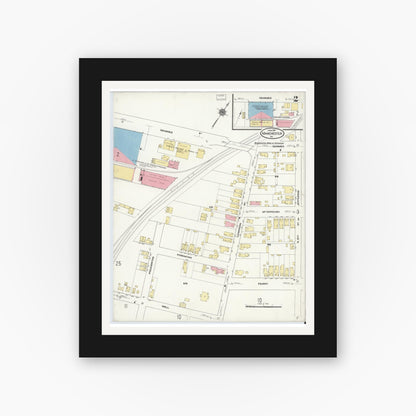 Old map wall art mockup — black gallery frame with white mat — Sanborn Fire Insurance Map from Manchester, Chesterfield County, Virginia (1910), Sheet #0002