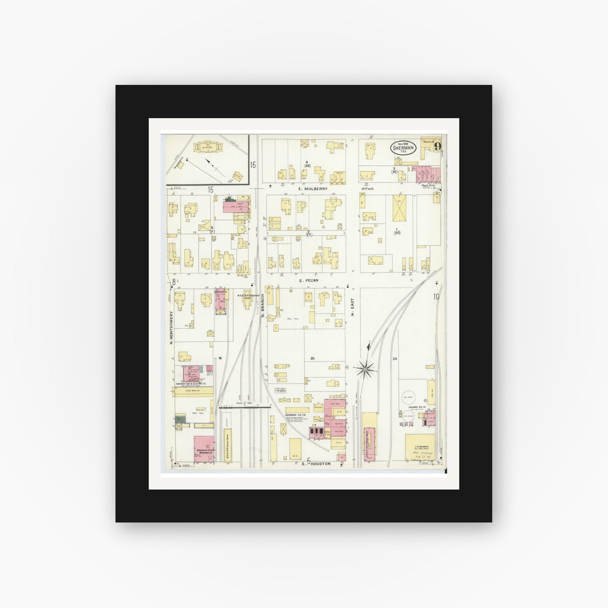 Old map wall art mockup — black gallery frame with white mat — Sanborn Fire Insurance Map from Sherman, Grayson County, Texas (1908), Sheet #0009