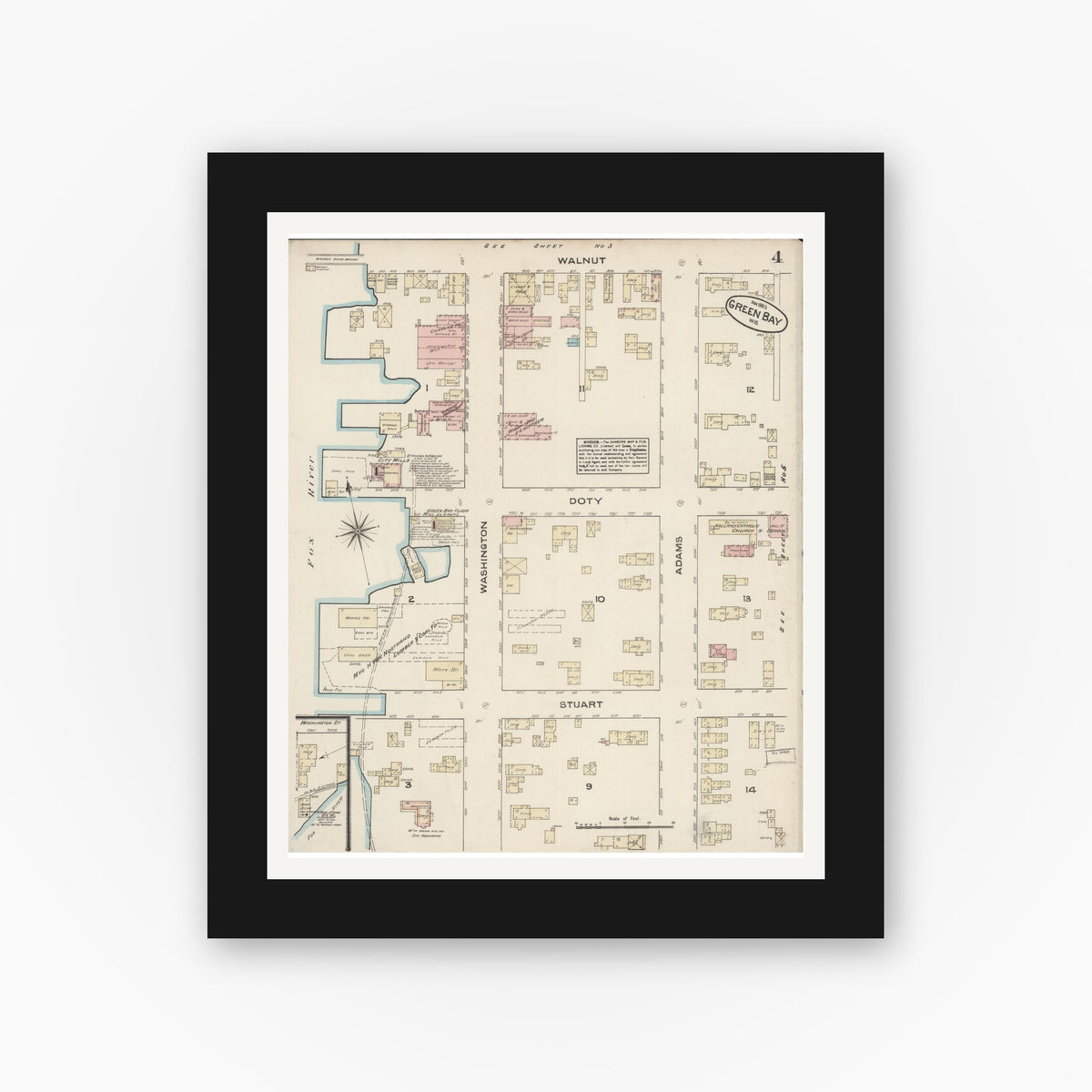Old map wall art mockup — black gallery frame with white mat — Sanborn Fire Insurance Map from Green Bay, Brown County, Wisconsin (1883), Sheet #0004