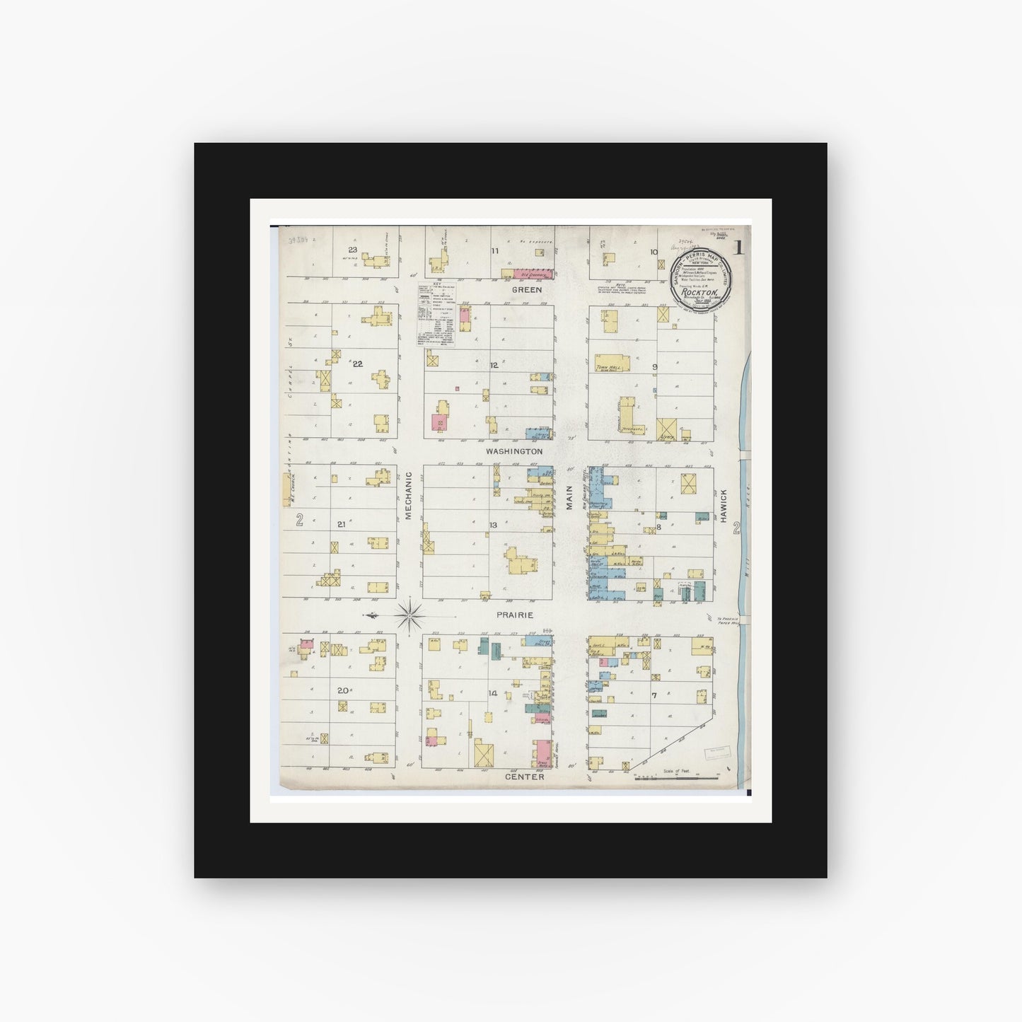 Old map wall art mockup — black gallery frame with white mat — Sanborn Fire Insurance Map from Rockton, Winnebago County, Illinois (1893) - Complete Map Set