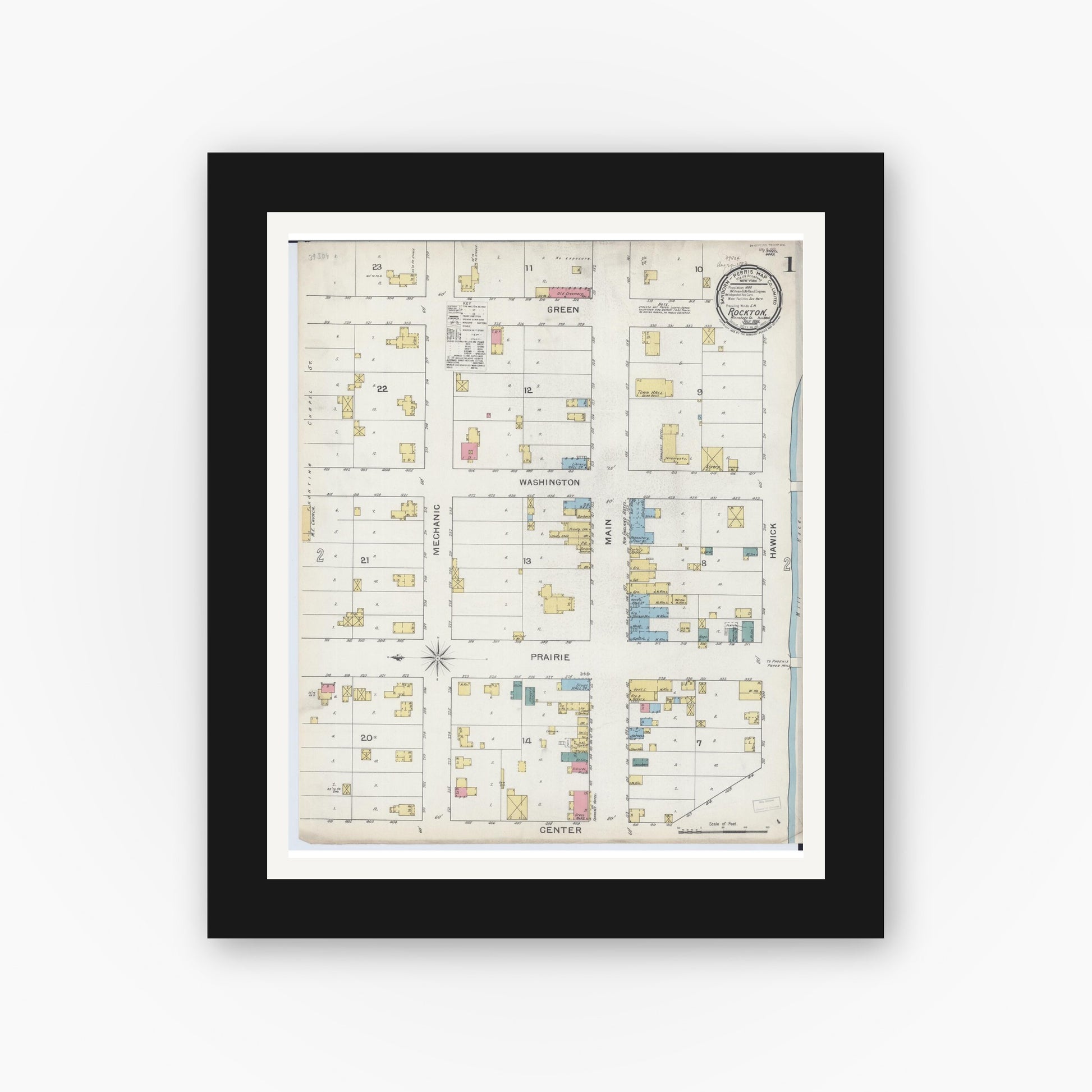 Old map wall art mockup — black gallery frame with white mat — Sanborn Fire Insurance Map from Rockton, Winnebago County, Illinois (1893) - Complete Map Set