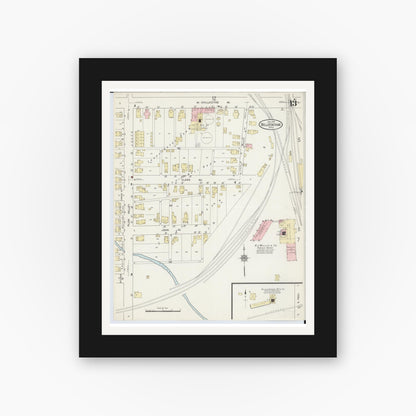 Old map wall art mockup — black gallery frame with white mat — Sanborn Fire Insurance Map from Bellefontaine, Logan County, Ohio (1914), Sheet #0013