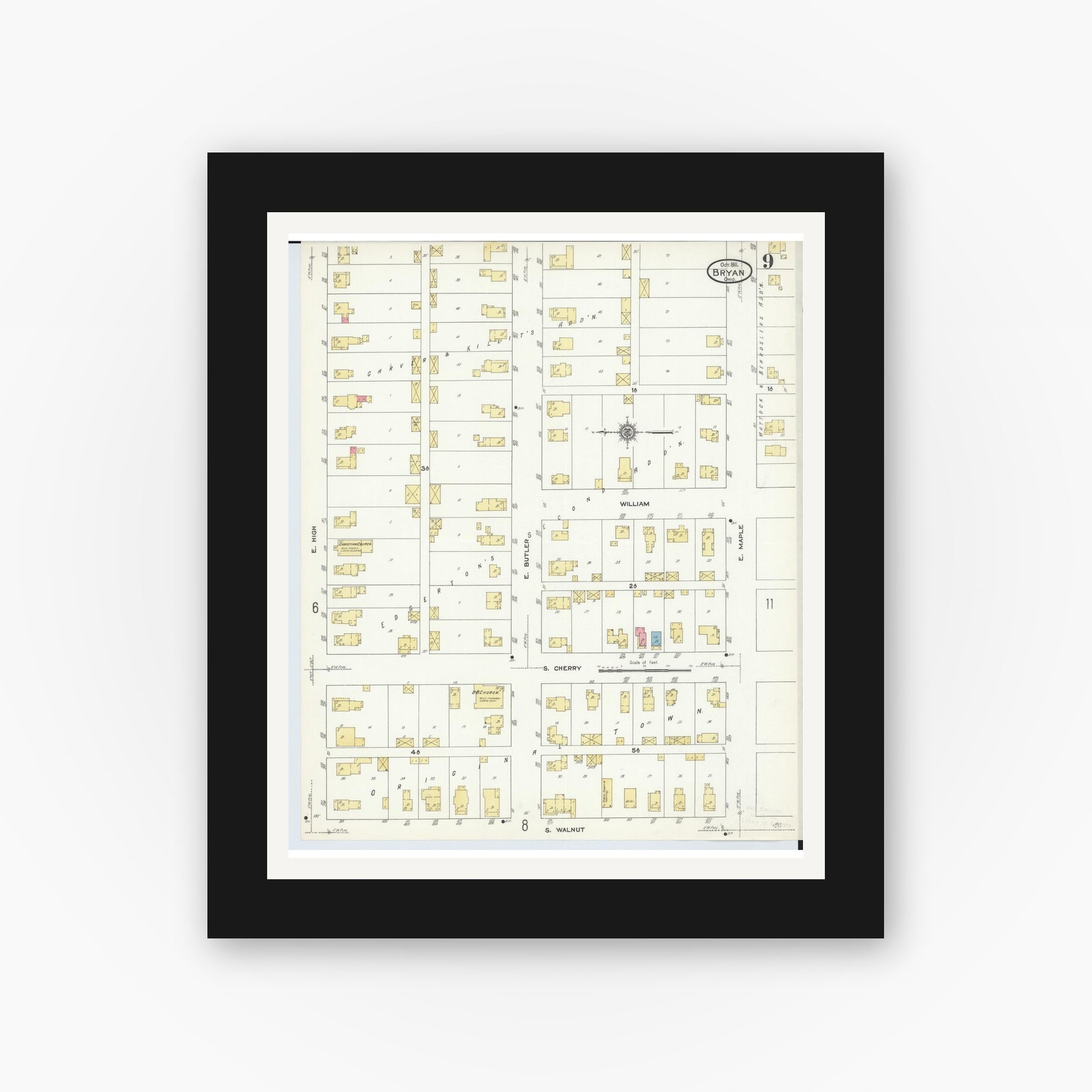 Old map wall art mockup — black gallery frame with white mat — Sanborn Fire Insurance Map from Bryan, Williams County, Ohio (1911), Sheet #0009