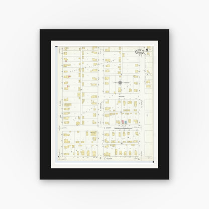 Old map wall art mockup — black gallery frame with white mat — Sanborn Fire Insurance Map from Bryan, Williams County, Ohio (1911), Sheet #0009