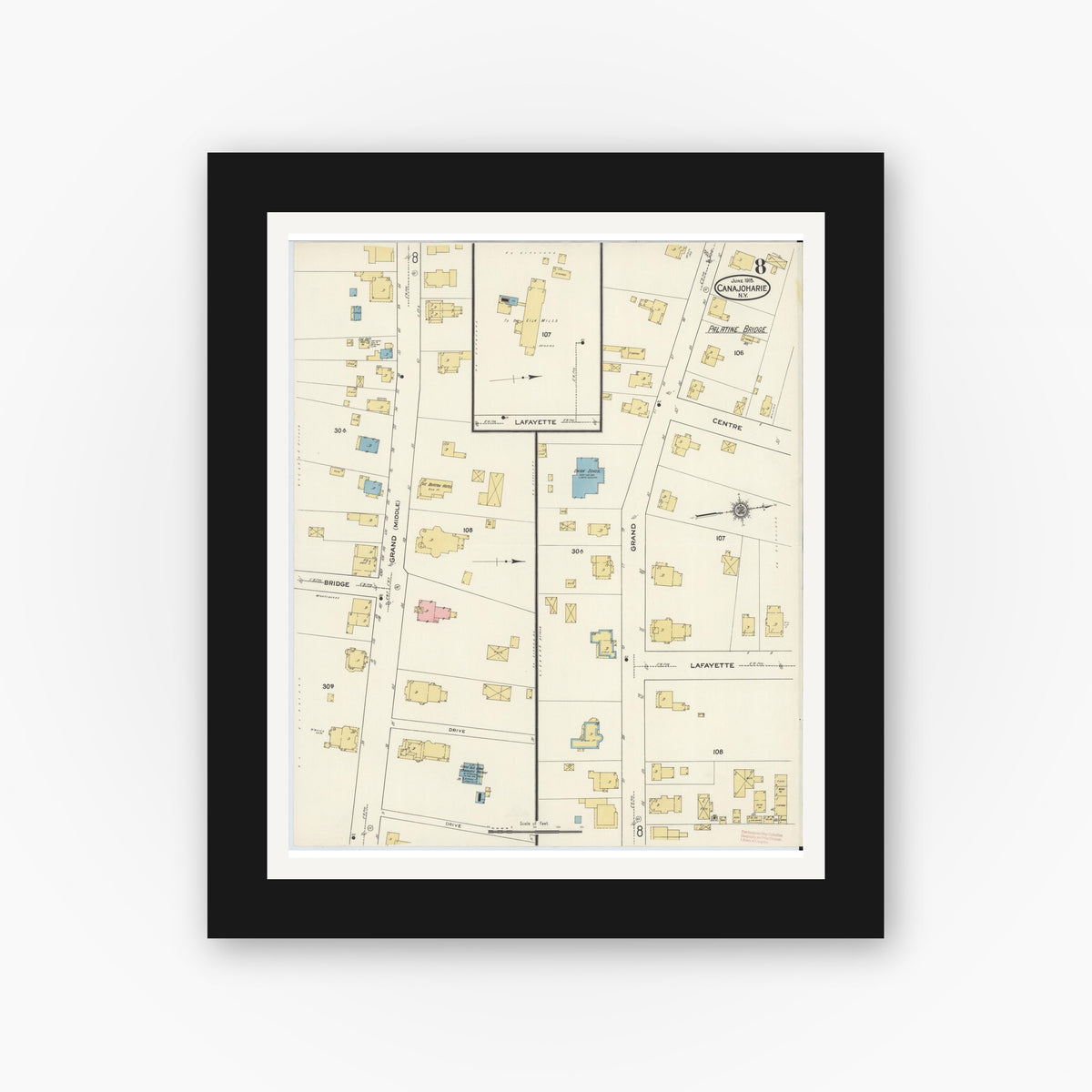 Old map wall art mockup — black gallery frame with white mat — Sanborn Fire Insurance Map from Canajoharie, Montgomery County, New York (1915), Sheet #0008