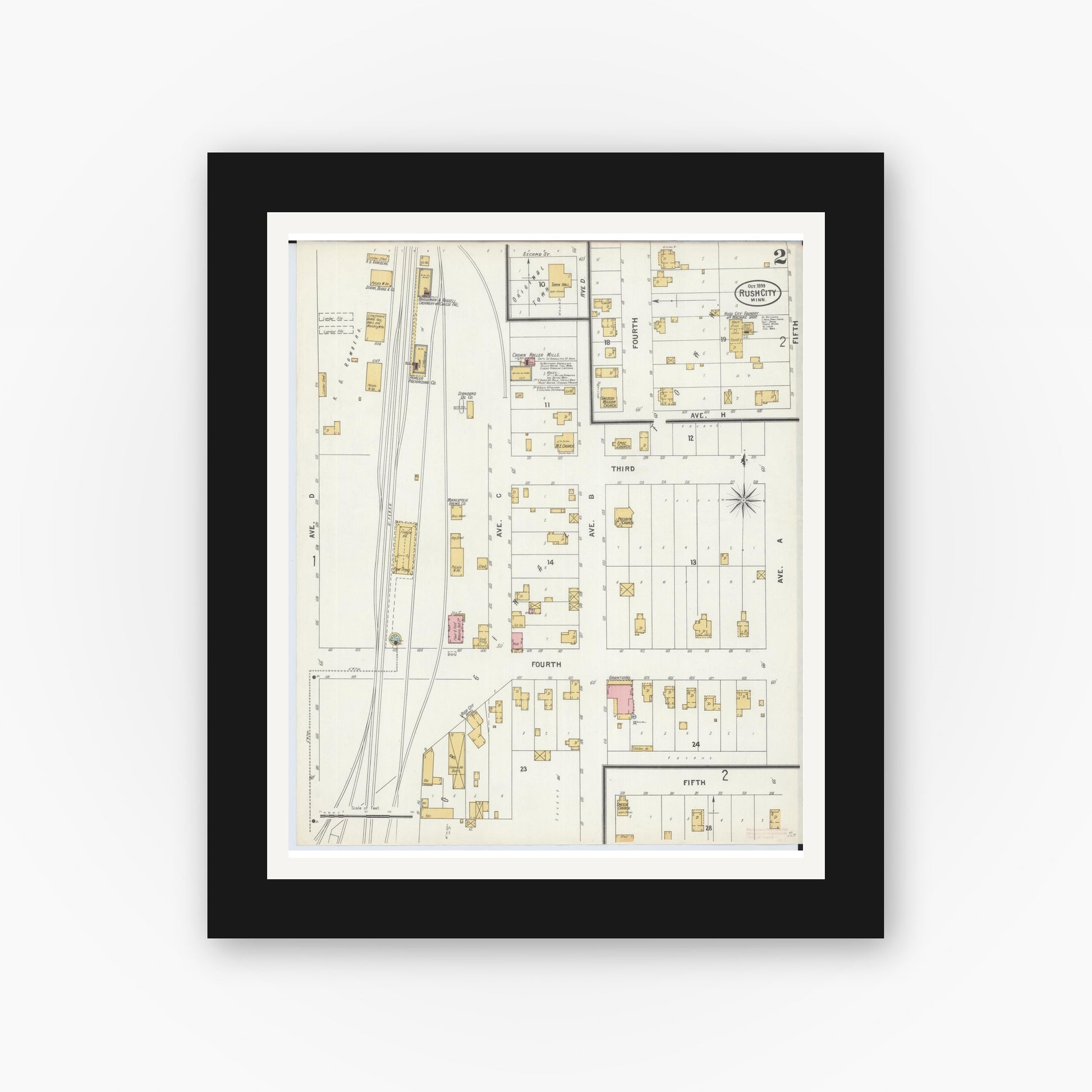 Old map wall art mockup — black gallery frame with white mat — Sanborn Fire Insurance Map from Rush City, Chisago County, Minnesota (1899), Sheet #0002