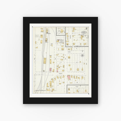 Old map wall art mockup — black gallery frame with white mat — Sanborn Fire Insurance Map from Rush City, Chisago County, Minnesota (1899), Sheet #0002