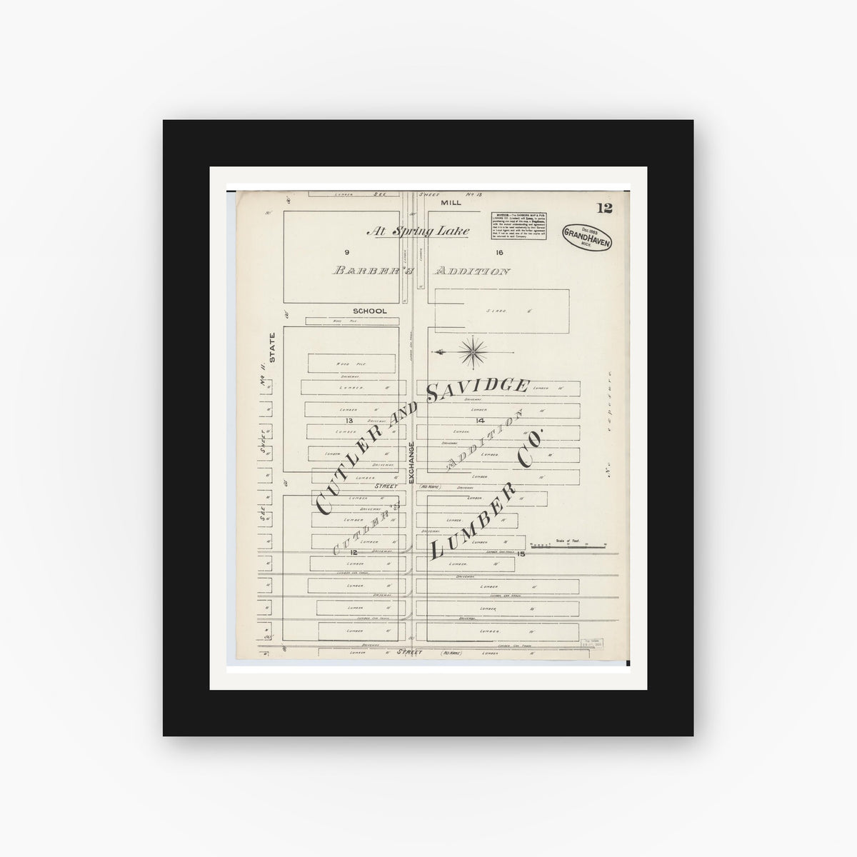Old map wall art mockup — black gallery frame with white mat — Sanborn Fire Insurance Map from Grand Haven, Ottawa County, Michigan (1883), Sheet #0012