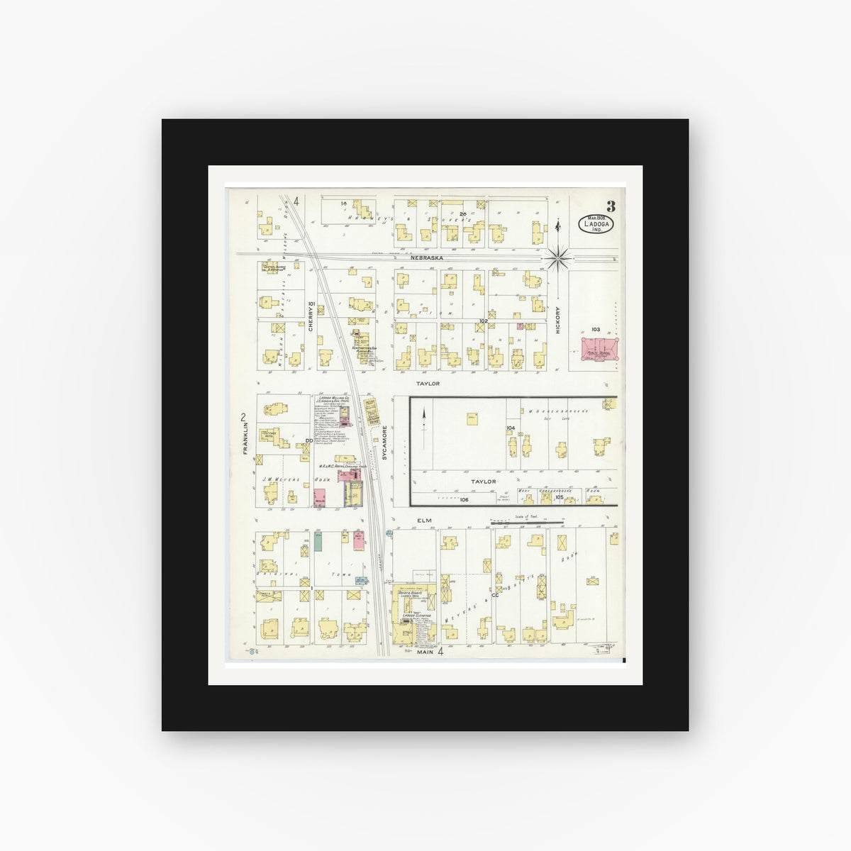 Old map wall art mockup — black gallery frame with white mat — Sanborn Fire Insurance Map from Ladoga, Montgomery County, Indiana (1908), Sheet #0003
