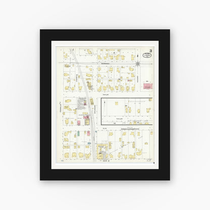 Old map wall art mockup — black gallery frame with white mat — Sanborn Fire Insurance Map from Ladoga, Montgomery County, Indiana (1908), Sheet #0003