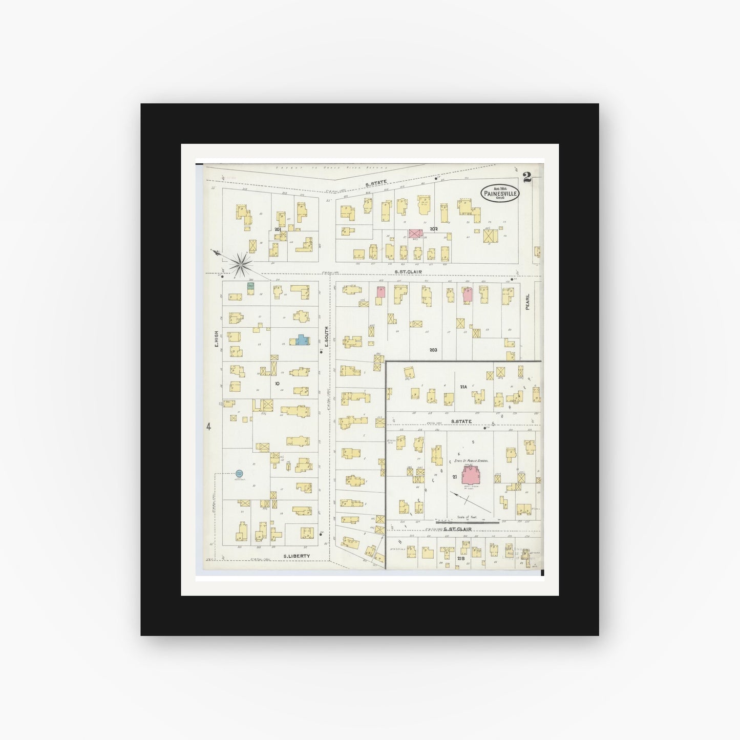 Old map wall art mockup — black gallery frame with white mat — Sanborn Fire Insurance Map from Painesville, Lake County, Ohio (1904), Sheet #0002