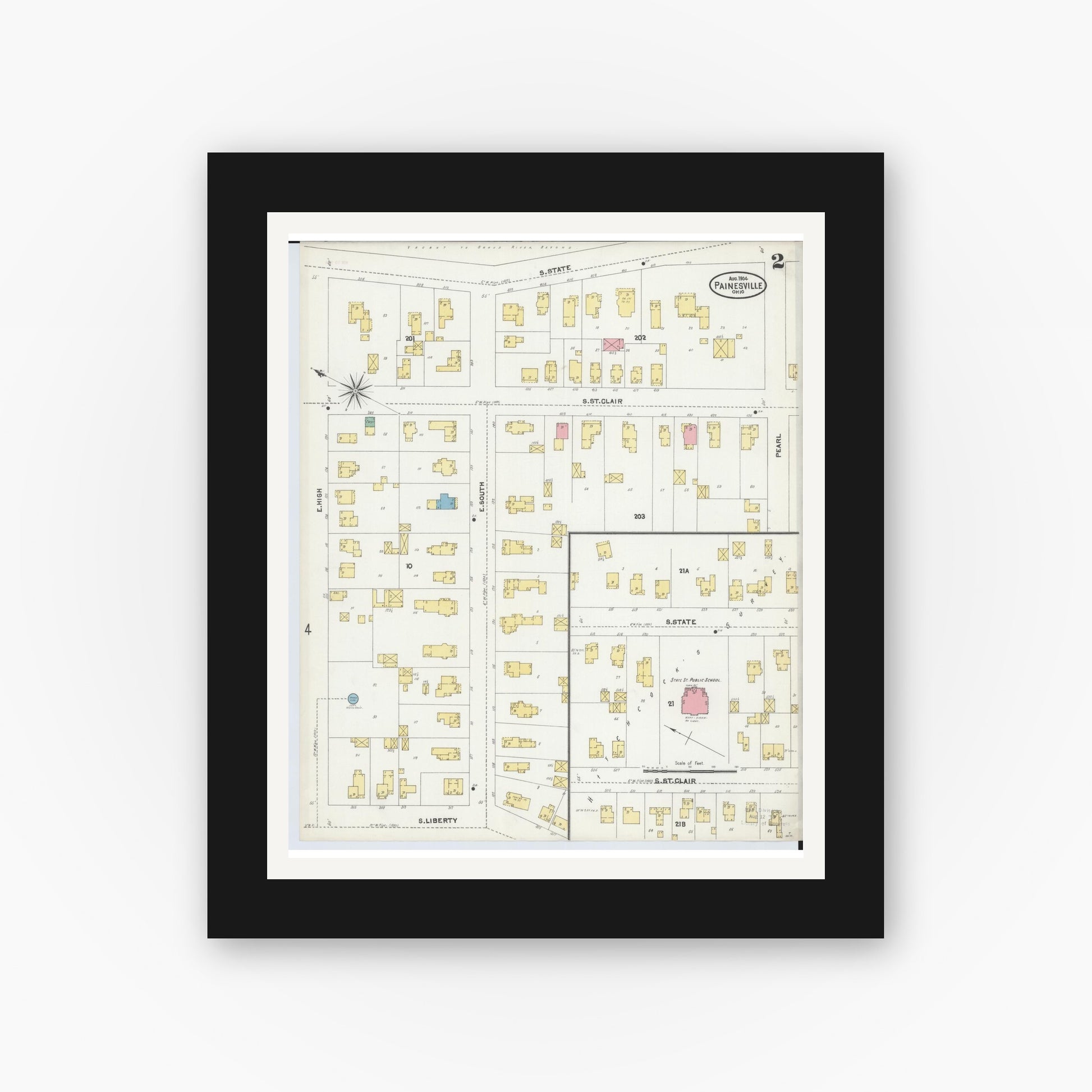 Old map wall art mockup — black gallery frame with white mat — Sanborn Fire Insurance Map from Painesville, Lake County, Ohio (1904), Sheet #0002