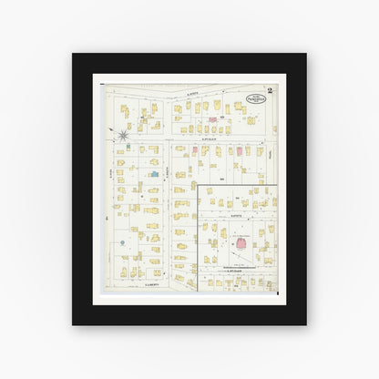 Old map wall art mockup — black gallery frame with white mat — Sanborn Fire Insurance Map from Painesville, Lake County, Ohio (1904), Sheet #0002