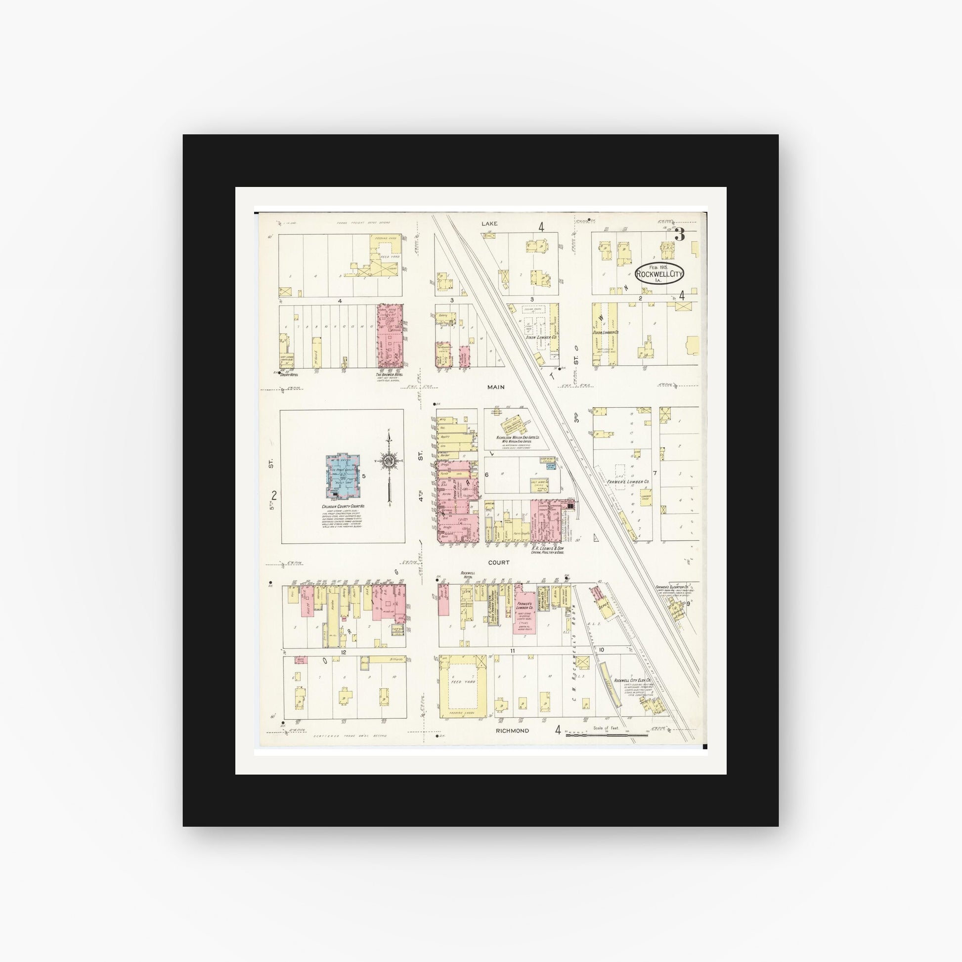 Old map wall art mockup — black gallery frame with white mat — Sanborn Fire Insurance Map from Rockwell City, Calhoun County, Iowa (1915), Sheet #0003