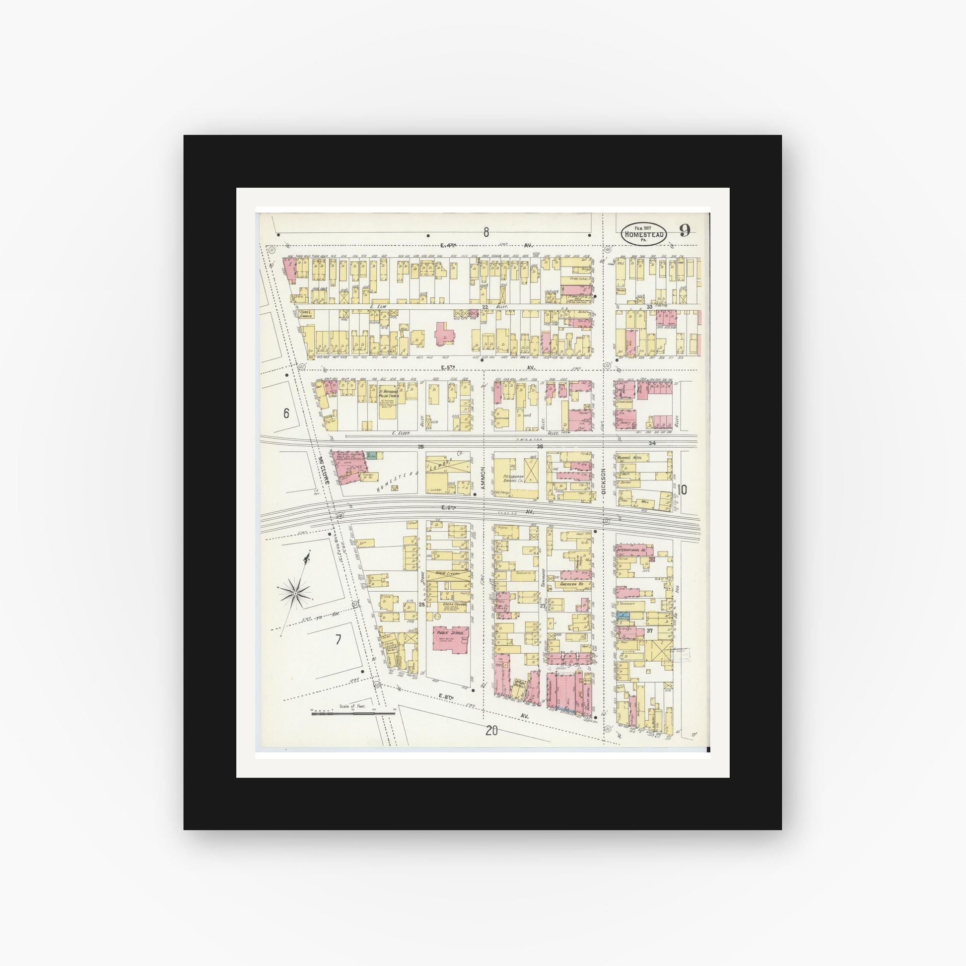 Old map wall art mockup — black gallery frame with white mat — Sanborn Fire Insurance Map from Homestead, Allegheny County, Pennsylvania (1907), Sheet #0009