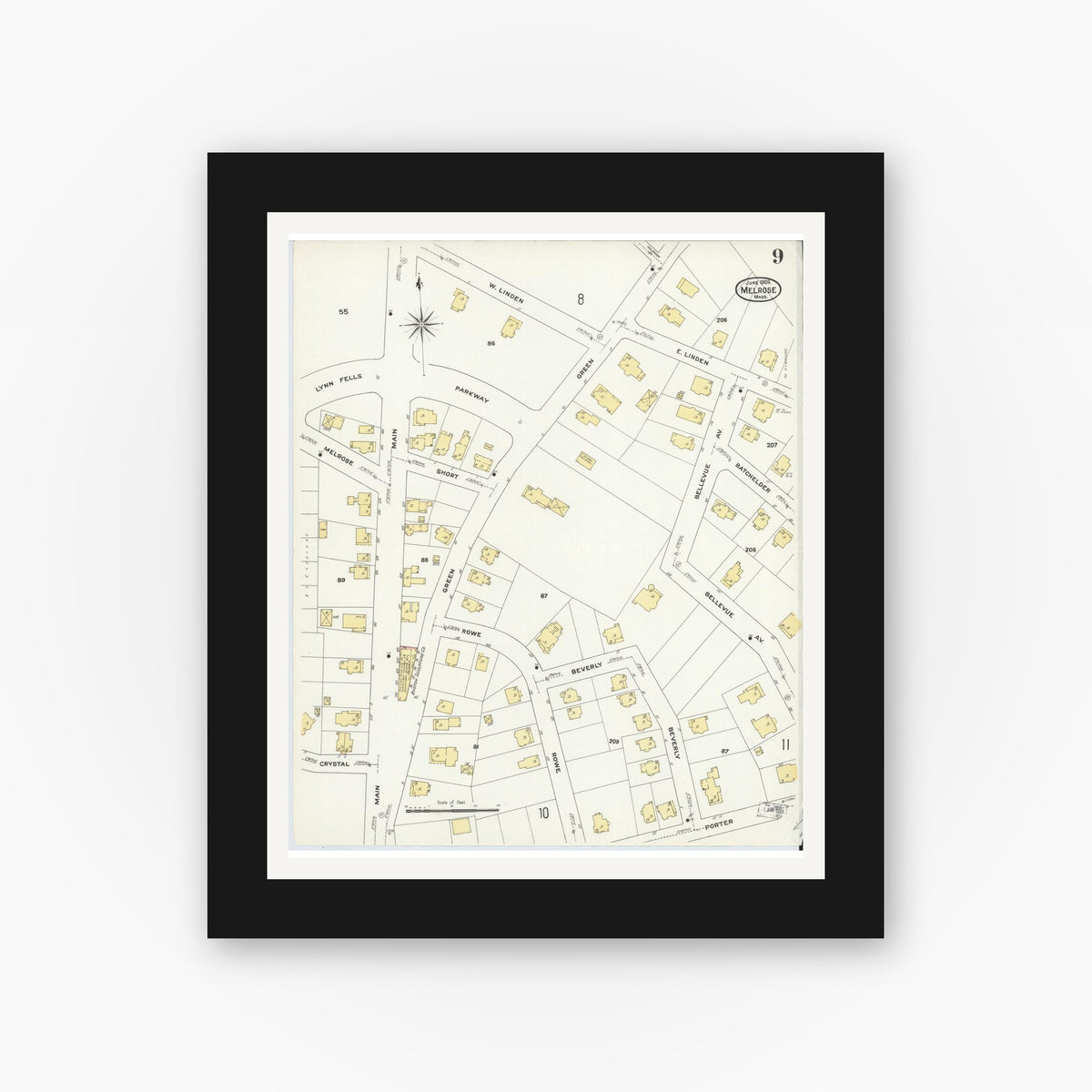 Old map wall art mockup — black gallery frame with white mat — Sanborn Fire Insurance Map from Melrose, Middlesex County, Massachusetts (1909), Sheet #0009