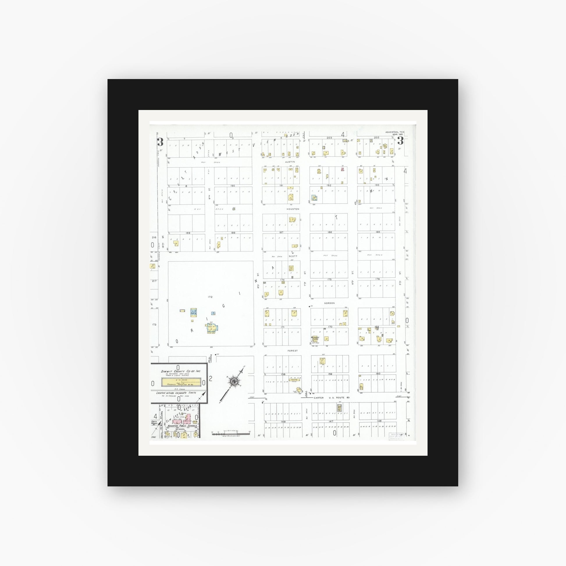 Old map wall art mockup — black gallery frame with white mat — Sanborn Fire Insurance Map from Asherton, Dimmit County, Texas (1951), Sheet #0003