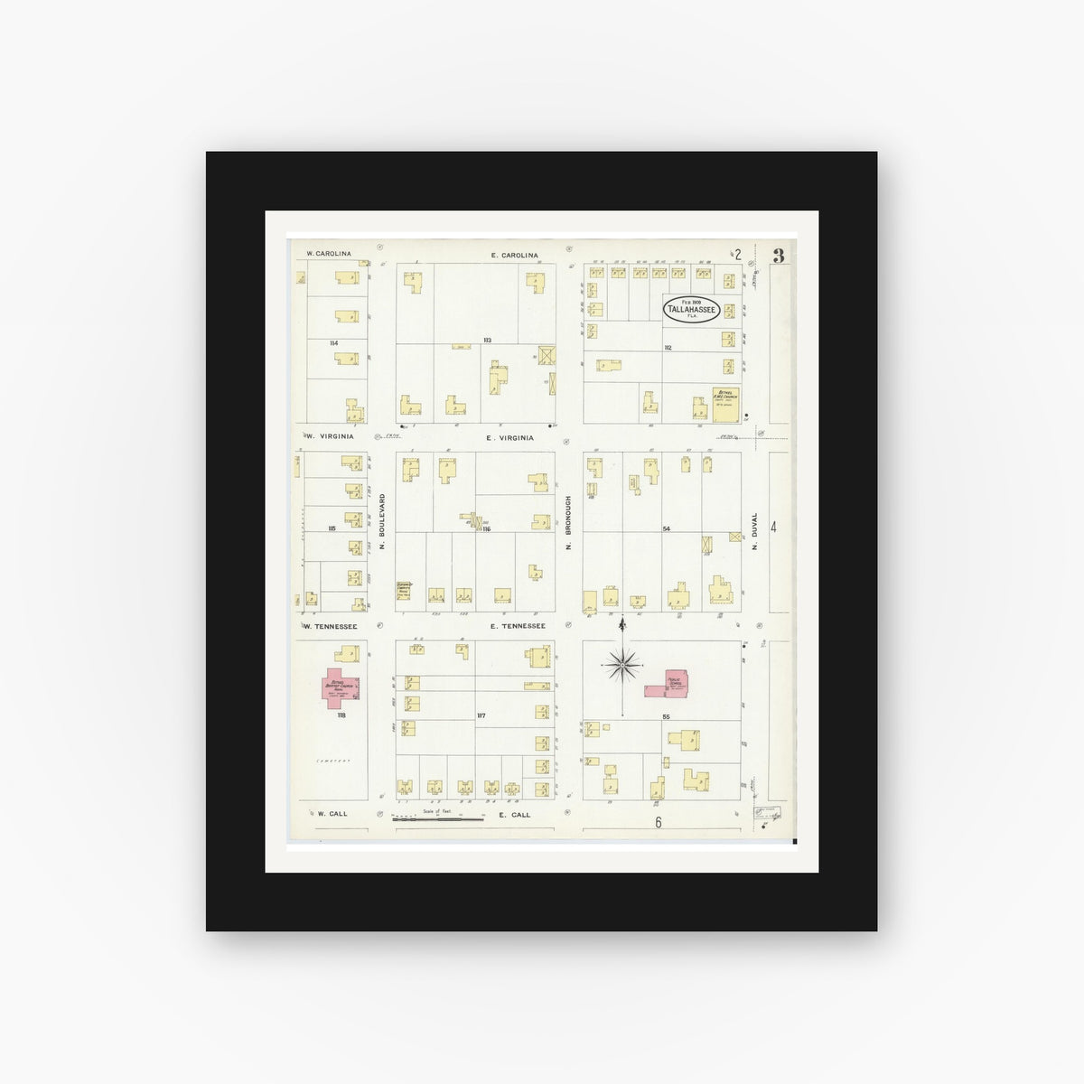 Old map wall art mockup — black gallery frame with white mat — Sanborn Fire Insurance Map from Tallahassee, Leon County, Florida (1909), Sheet #0003