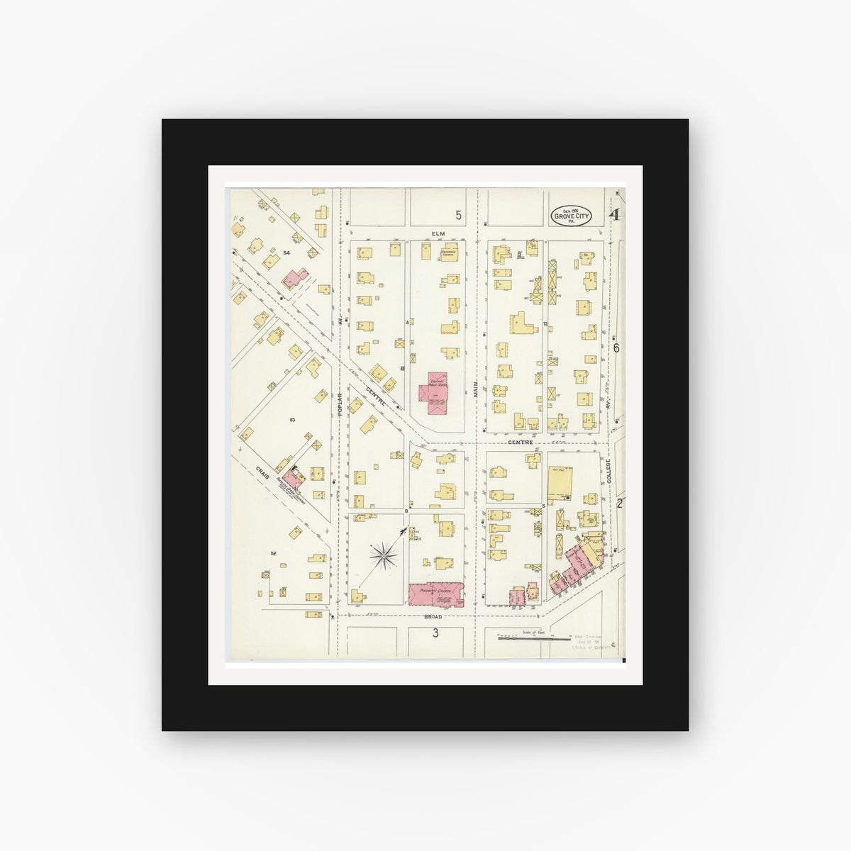 Old map wall art mockup — black gallery frame with white mat — Sanborn Fire Insurance Map from Grove City, Mercer County, Pennsylvania (1906), Sheet #0004