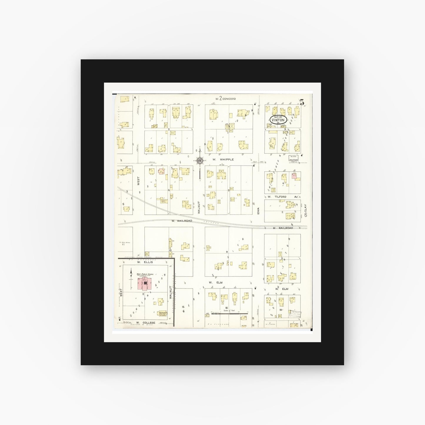 Old map wall art mockup — black gallery frame with white mat — Sanborn Fire Insurance Map from Vinton, Benton County, Iowa (1913), Sheet #0005
